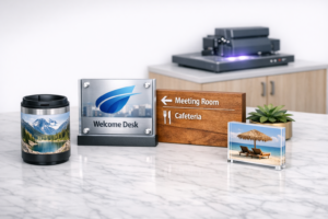 Auf einem hellen Tisch stehen ein bedruckter Thermobecher mit Bergsee‑Foto, ein Acrylschild mit „Welcome Desk“ und eine Holz‑Hinweistafel mit „Meeting Room“ und „Cafeteria“. Im Hintergrund steht ein UV‑Drucker auf einem Sideboard mit dezent violettem Lichtschein